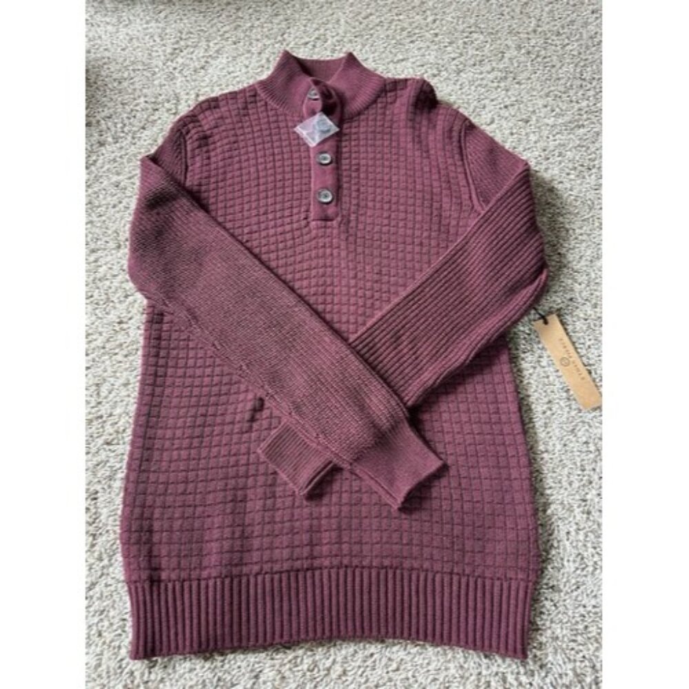 Ethan Pierce Mens Button Detail Knit Long Sleeve Pull Over Burgundy Size Small